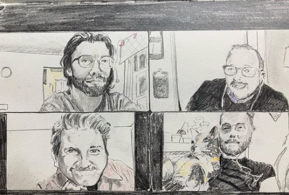 A pencil drawing of four guys in a grid from a Zoom call during the pandemic