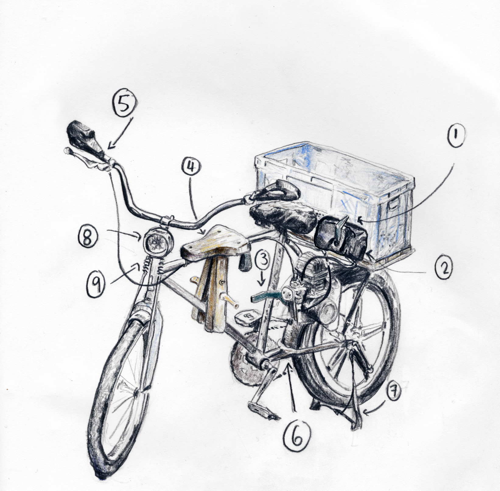 A drawing of a modified bicycle made called a rikimbili