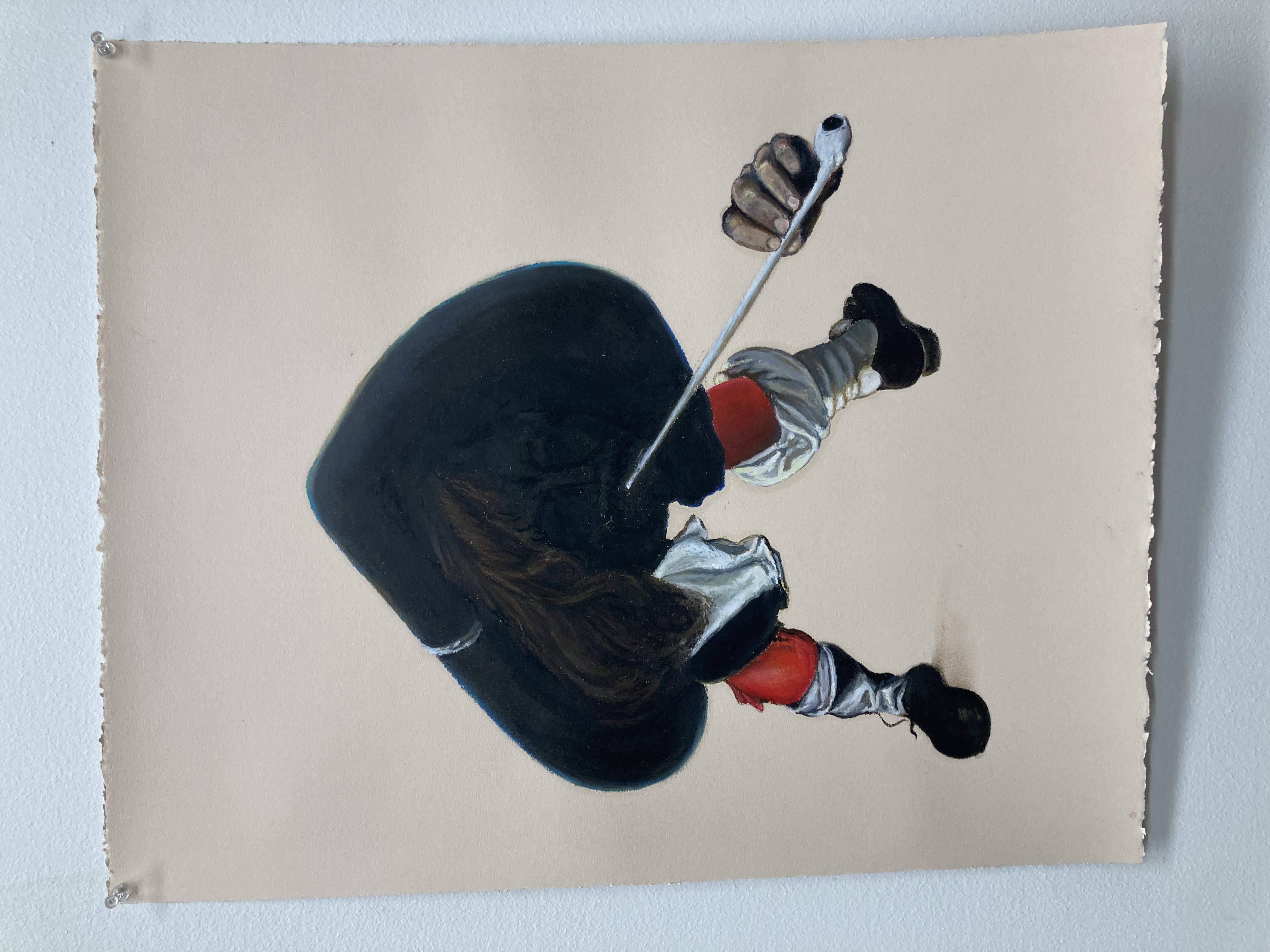 An oil pastel drawing hung on a wall depicting a shortened figure in seventeenth century Dutch fashion with two red-stockinged legs sticking out from the bottom of the collar of a darkened face blending into a large, spade-shaped hat, smoking a Gouda pipe.